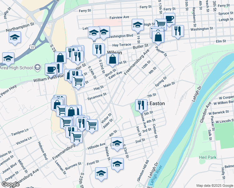 map of restaurants, bars, coffee shops, grocery stores, and more near 2142 Freemansburg Avenue in Easton