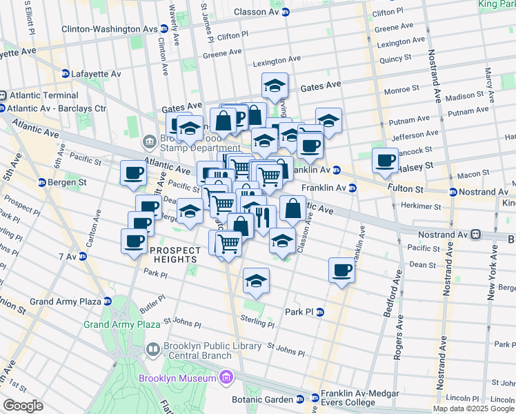 map of restaurants, bars, coffee shops, grocery stores, and more near Pacific Street & Grand Avenue in Brooklyn