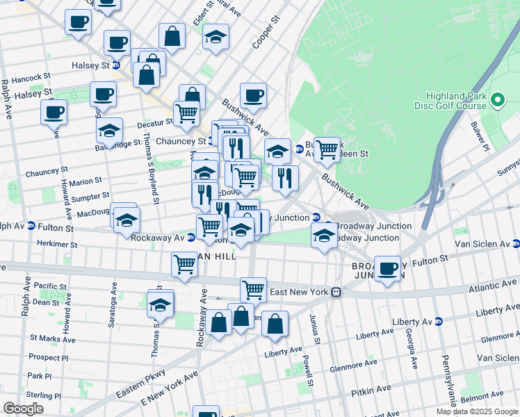 map of restaurants, bars, coffee shops, grocery stores, and more near 200 Hull Street in Brooklyn