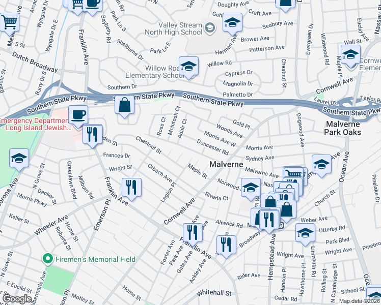 map of restaurants, bars, coffee shops, grocery stores, and more near 86 Scarcliffe Drive in Malverne
