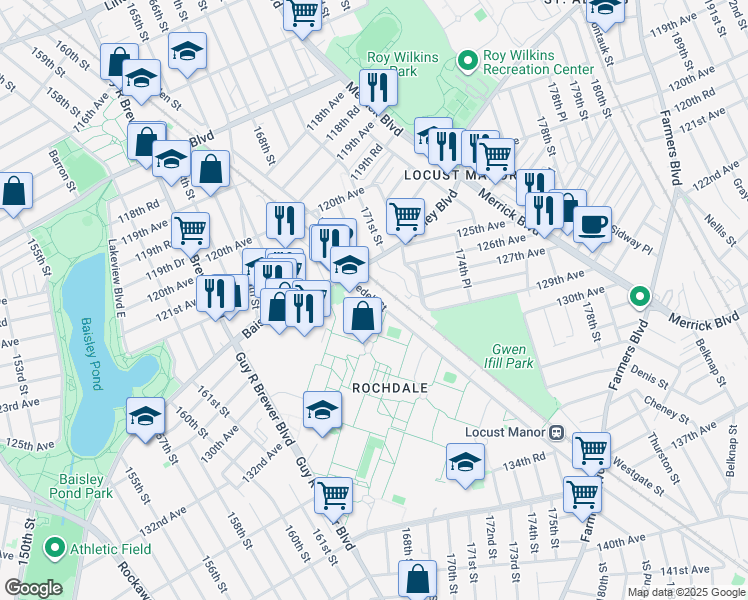 map of restaurants, bars, coffee shops, grocery stores, and more near 12602 Locust Manor Lane in Queens