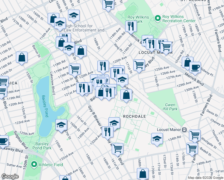 map of restaurants, bars, coffee shops, grocery stores, and more near 167-02 Baisley Boulevard in Queens