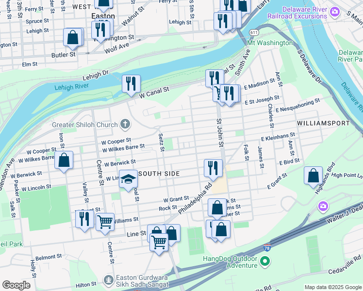 map of restaurants, bars, coffee shops, grocery stores, and more near 428 Filbert Street in Easton