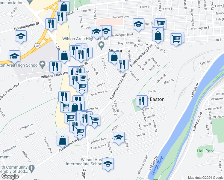 map of restaurants, bars, coffee shops, grocery stores, and more near 822 South 23rd Street in Easton