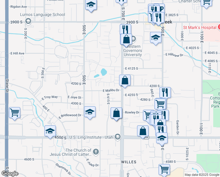 map of restaurants, bars, coffee shops, grocery stores, and more near 629 East Malibu Drive in Millcreek