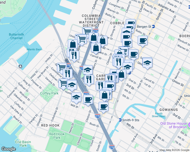 map of restaurants, bars, coffee shops, grocery stores, and more near 619 Henry Street in Brooklyn