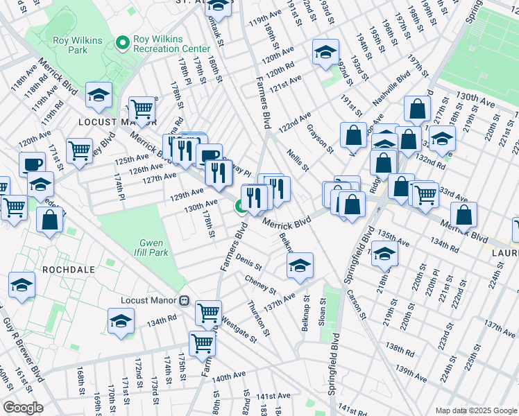 map of restaurants, bars, coffee shops, grocery stores, and more near 131-9 Merrick Boulevard in Queens