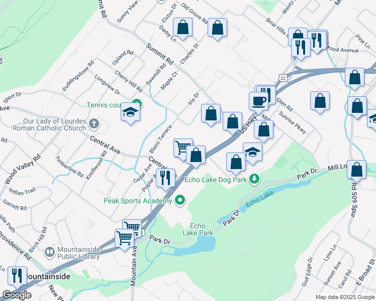map of restaurants, bars, coffee shops, grocery stores, and more near 1180 U.S. 22 in Mountainside