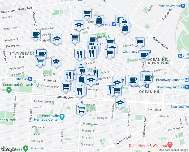 map of restaurants, bars, coffee shops, grocery stores, and more near 128 Sumpter Street in Brooklyn
