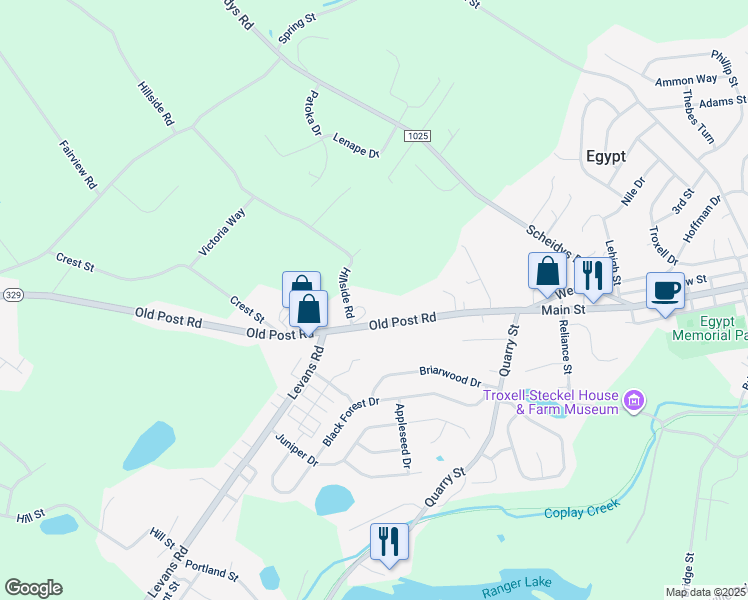 map of restaurants, bars, coffee shops, grocery stores, and more near 4319 Hillside Rd in Coplay