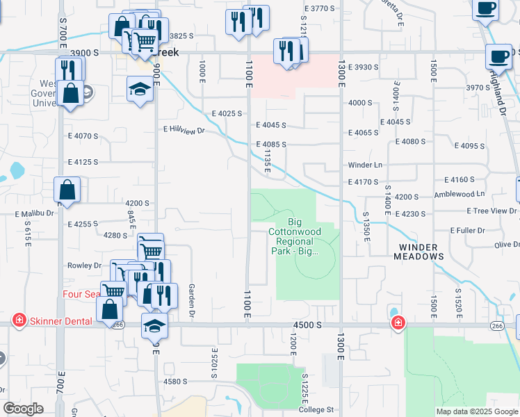 map of restaurants, bars, coffee shops, grocery stores, and more near 4221 South 1100 East in Salt Lake City