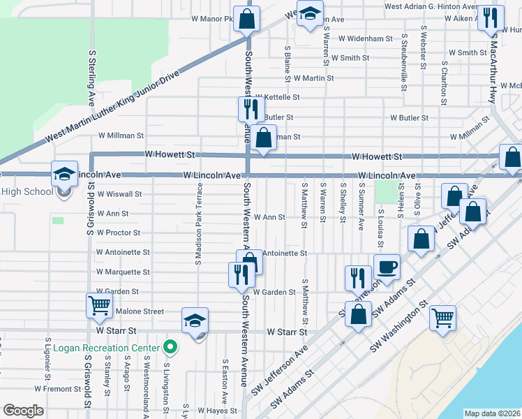 map of restaurants, bars, coffee shops, grocery stores, and more near 809 South Greenlawn Avenue in Peoria