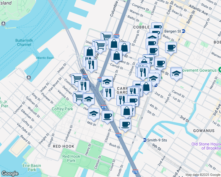 map of restaurants, bars, coffee shops, grocery stores, and more near Henry Street & 3rd Place in Brooklyn