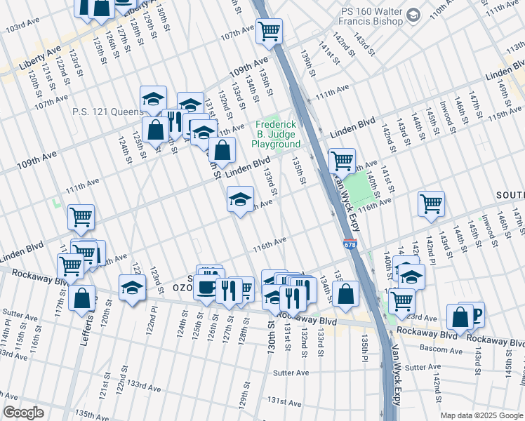 map of restaurants, bars, coffee shops, grocery stores, and more near 131-22 115th Avenue in Queens