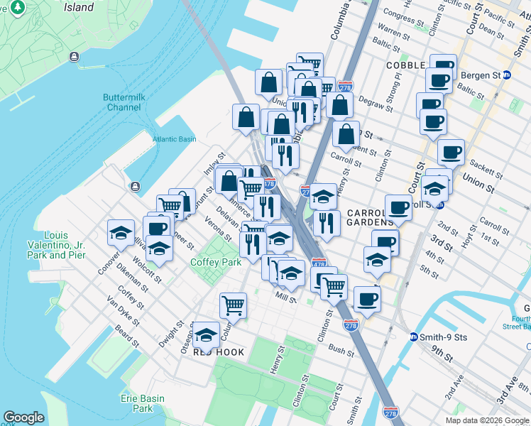 map of restaurants, bars, coffee shops, grocery stores, and more near 15 Seabring Street in Brooklyn
