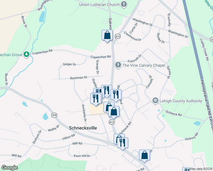 map of restaurants, bars, coffee shops, grocery stores, and more near 5160 Pennsylvania 873 in Schnecksville