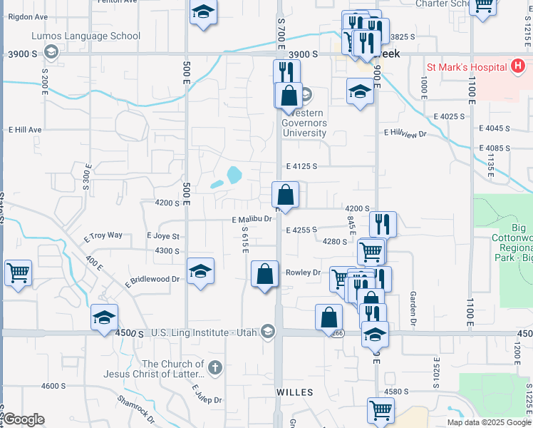 map of restaurants, bars, coffee shops, grocery stores, and more near 665-667 East Malibu Drive in Millcreek