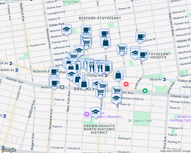 map of restaurants, bars, coffee shops, grocery stores, and more near 1471 Fulton Street in Brooklyn