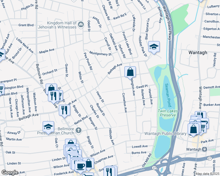 map of restaurants, bars, coffee shops, grocery stores, and more near 2955 Ewell Place in Wantagh