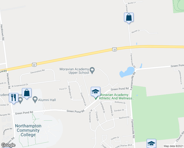 map of restaurants, bars, coffee shops, grocery stores, and more near 4313 Green Pond Road in Bethlehem