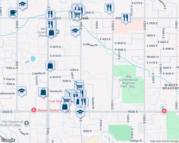 map of restaurants, bars, coffee shops, grocery stores, and more near 955 East Montana Vista Lane in Millcreek