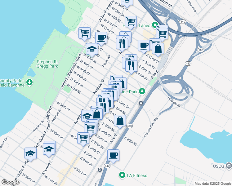 map of restaurants, bars, coffee shops, grocery stores, and more near 950 Broadway in Bayonne