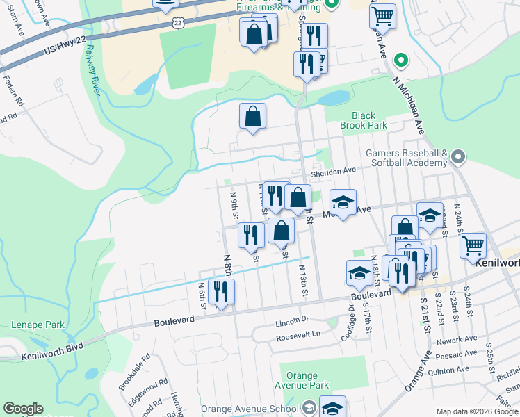 map of restaurants, bars, coffee shops, grocery stores, and more near 223 North 11th Street in Kenilworth