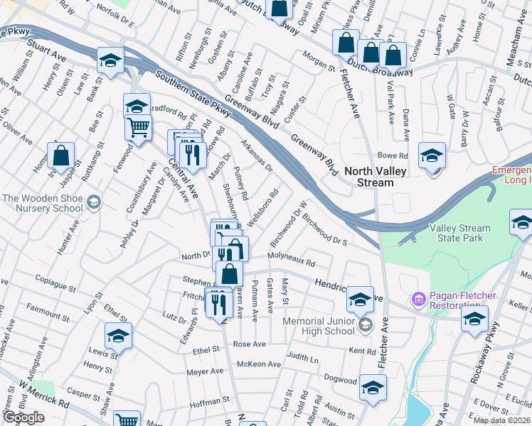 map of restaurants, bars, coffee shops, grocery stores, and more near 40 Wellsboro Road in Valley Stream