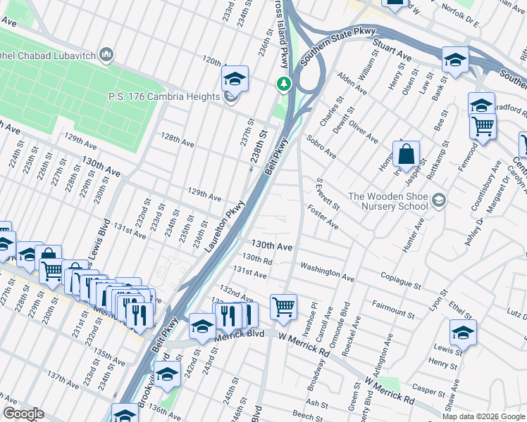 map of restaurants, bars, coffee shops, grocery stores, and more near 128-69 Brookville Boulevard in Queens