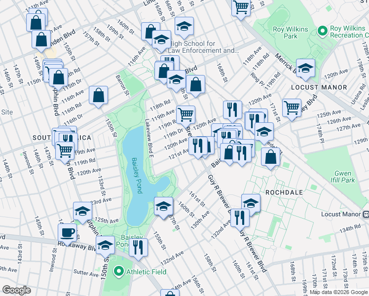 map of restaurants, bars, coffee shops, grocery stores, and more near 161-14 120th Avenue in Queens