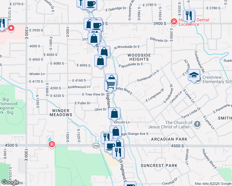map of restaurants, bars, coffee shops, grocery stores, and more near 1772 Holladay Boulevard east in Holladay