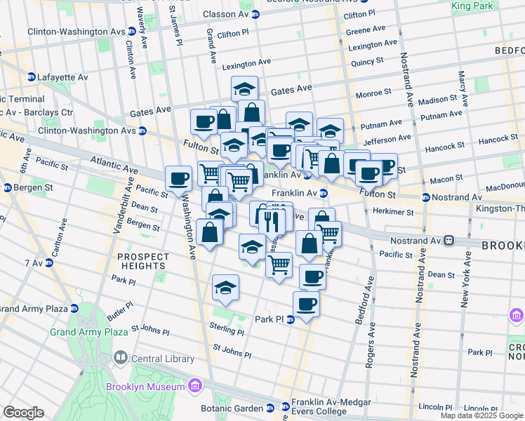 map of restaurants, bars, coffee shops, grocery stores, and more near 1001 Atlantic Avenue in Brooklyn