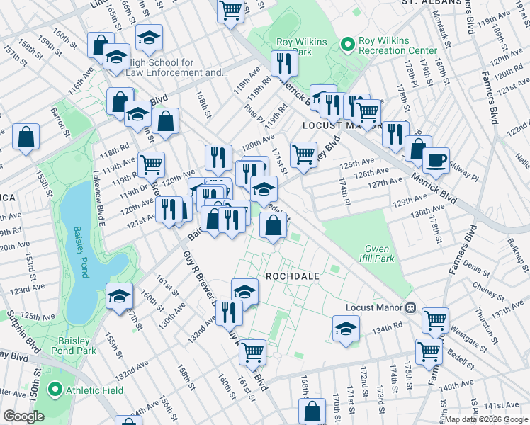 map of restaurants, bars, coffee shops, grocery stores, and more near 126-10 Bedell Street in Queens