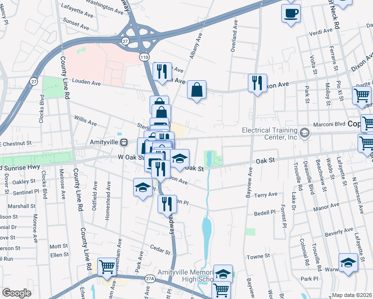 map of restaurants, bars, coffee shops, grocery stores, and more near 42 Wellington Place in Amityville