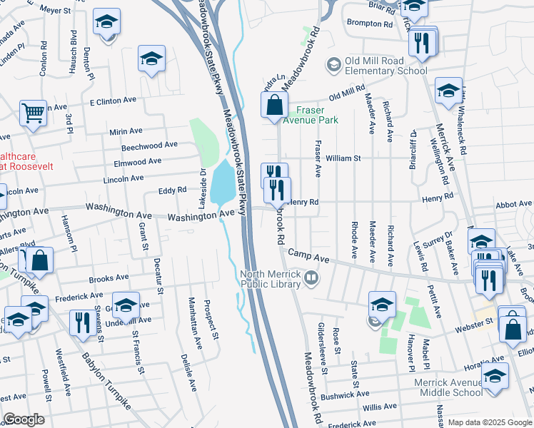 map of restaurants, bars, coffee shops, grocery stores, and more near 1579 Morris Avenue in Merrick