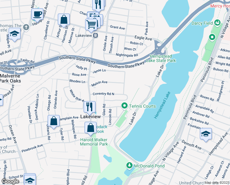 map of restaurants, bars, coffee shops, grocery stores, and more near 308 Coventry Road North in West Hempstead