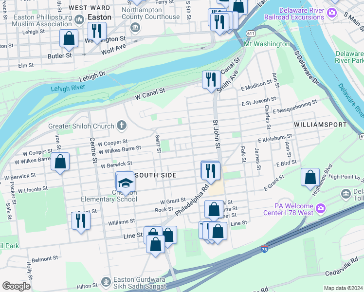 map of restaurants, bars, coffee shops, grocery stores, and more near 426 Schaffers Court in Easton