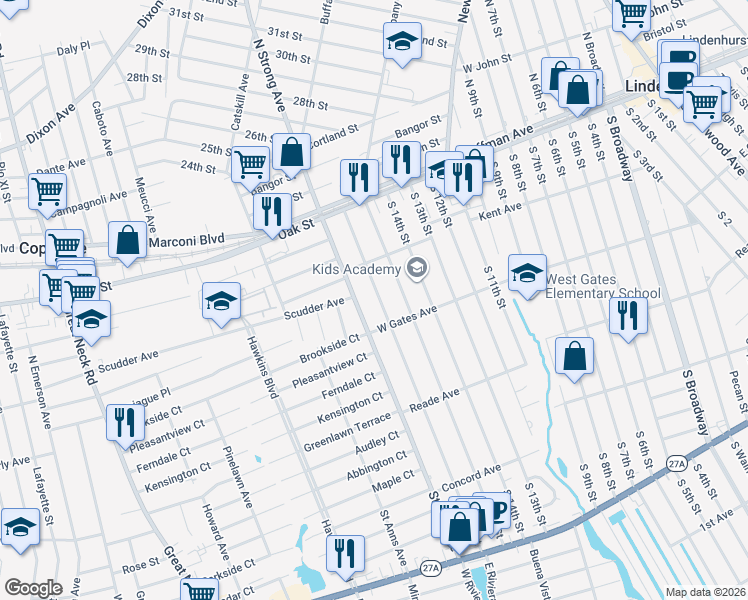 map of restaurants, bars, coffee shops, grocery stores, and more near 243 South 16th Street in Lindenhurst