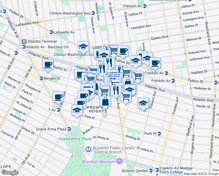 map of restaurants, bars, coffee shops, grocery stores, and more near 34 Underhill Avenue in Brooklyn