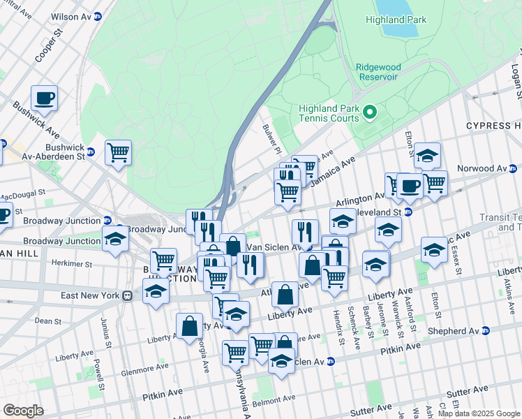 map of restaurants, bars, coffee shops, grocery stores, and more near 161 Jamaica Avenue in Brooklyn