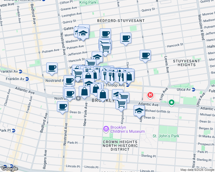 map of restaurants, bars, coffee shops, grocery stores, and more near 1422 Fulton Street in Brooklyn