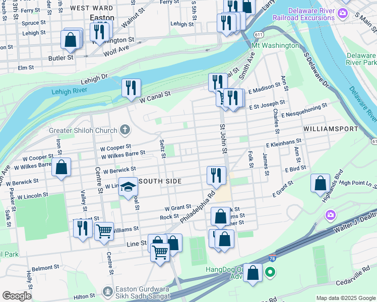 map of restaurants, bars, coffee shops, grocery stores, and more near 426 Schaffers Court in Easton