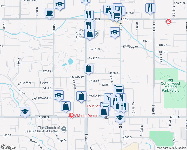 map of restaurants, bars, coffee shops, grocery stores, and more near 736 East 4200 South in Murray