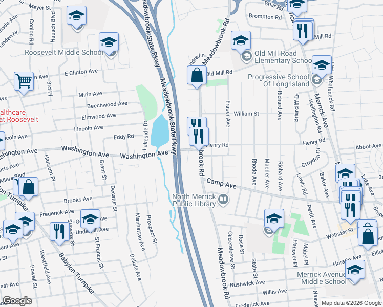map of restaurants, bars, coffee shops, grocery stores, and more near 1579 Morris Avenue in Merrick