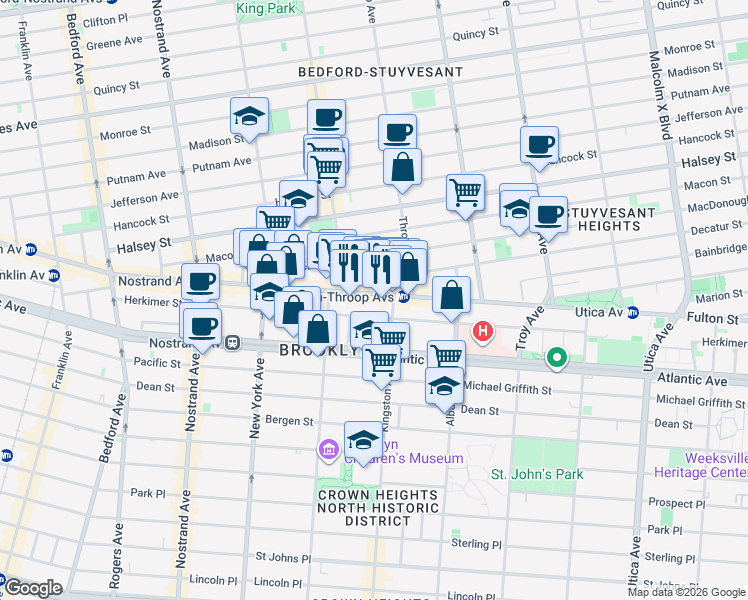map of restaurants, bars, coffee shops, grocery stores, and more near 1472 Fulton Street in Brooklyn