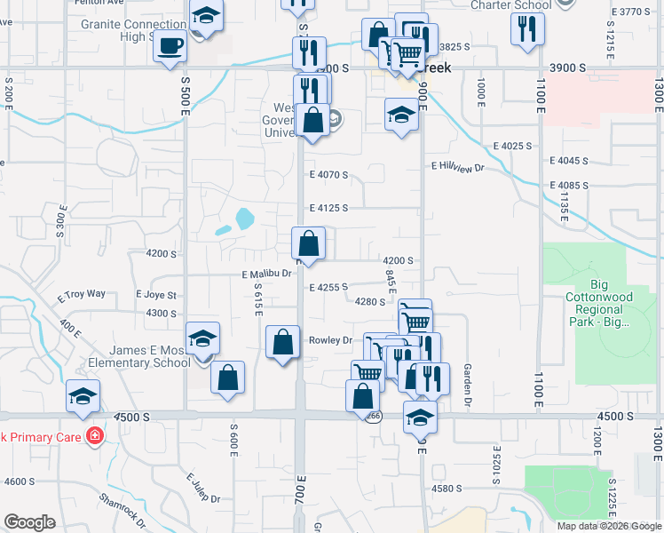 map of restaurants, bars, coffee shops, grocery stores, and more near 712 East 4200 South in Murray