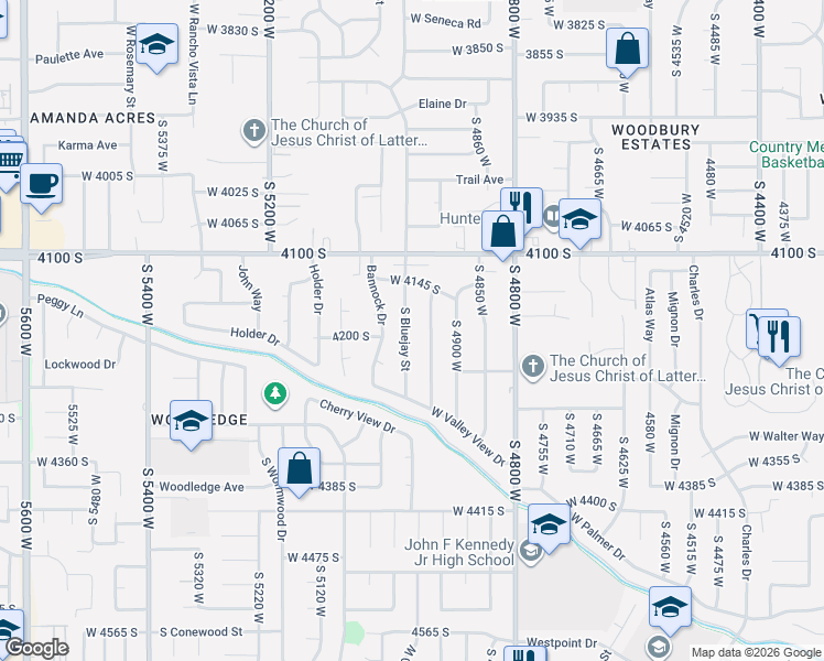 map of restaurants, bars, coffee shops, grocery stores, and more near 4185 Bluejay Street in West Valley City
