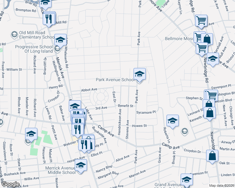 map of restaurants, bars, coffee shops, grocery stores, and more near 2159 Marvin Place in Merrick