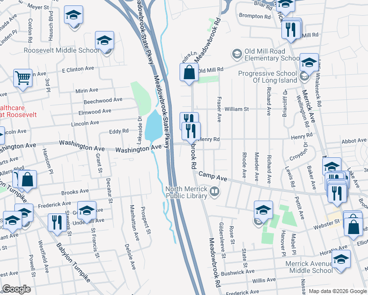 map of restaurants, bars, coffee shops, grocery stores, and more near 1558 Meadowbrook Road in Merrick