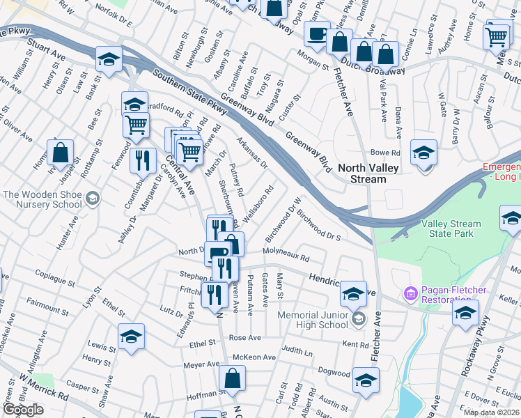 map of restaurants, bars, coffee shops, grocery stores, and more near 40 Wellsboro Road in Valley Stream